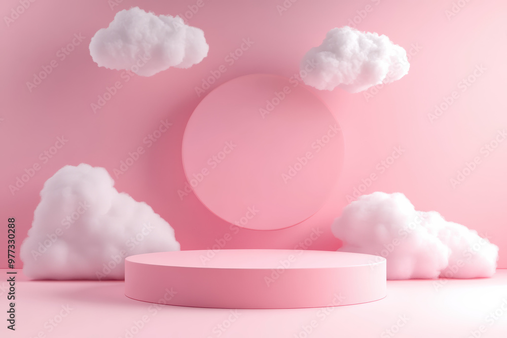 Poster minimalist pink abstract background with floating clouds and geometric podium, perfect for product d