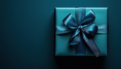 Photo of a gift box with a blue ribbon on a dark teal background, symbolizing the joy and happiness that colors bring to our lives.
