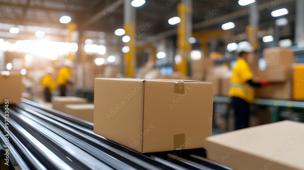 Poster conveyor belt moving packages with workers sorting boxes | efficient warehouse operations and logist