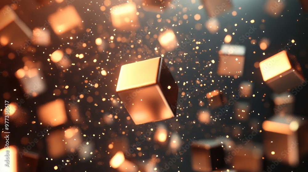 Poster abstract grid of floating cubes gradually disintegrating into glowing particles.