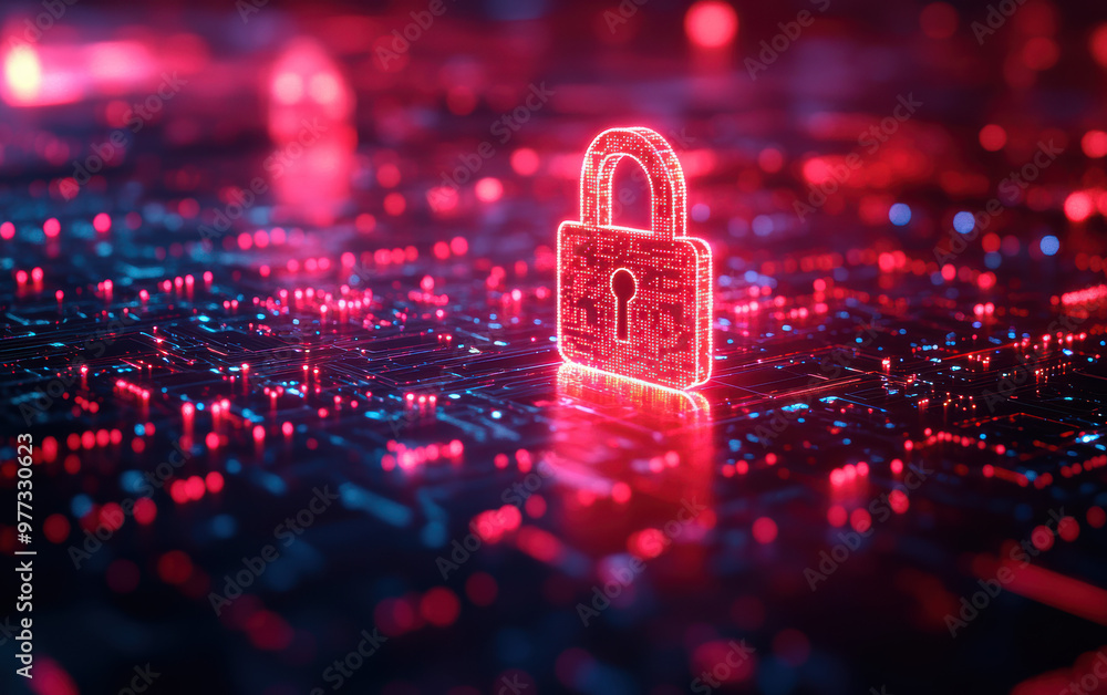 Poster digital padlock glowing red over a futuristic circuit board, symbolizing data security and cybersecu