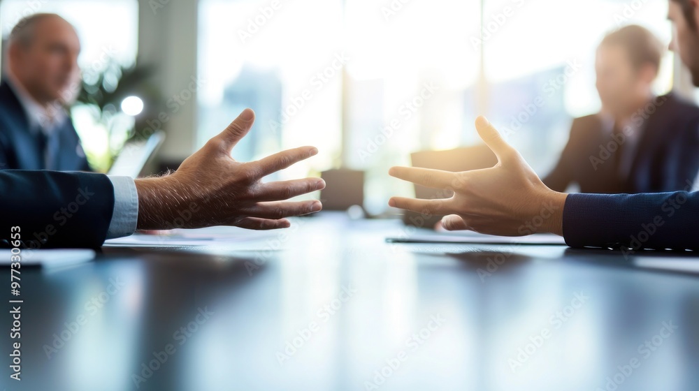 Wall mural Close-up of two business people having a discussion, with their hands and gestures in conversation at a meeting room with a blurred background office interior. This business concept suggests the idea 