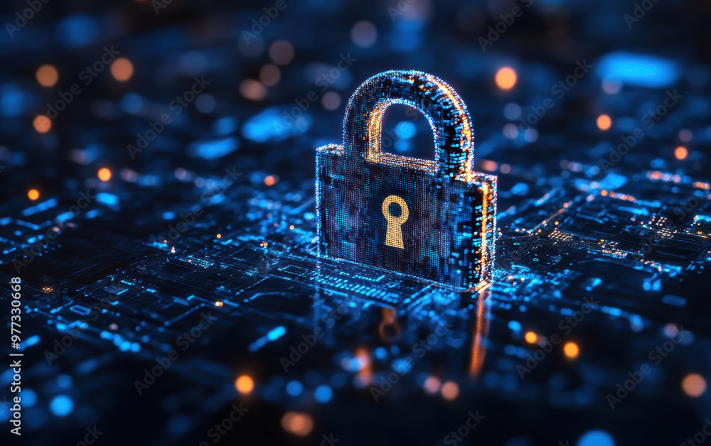 Poster digital padlock on a circuit board symbolizing data security and cybersecurity in a technology-drive