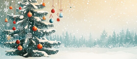 Snow-Covered Christmas Tree with Colorful Ornaments in a Winter Wonderland Forest Setting