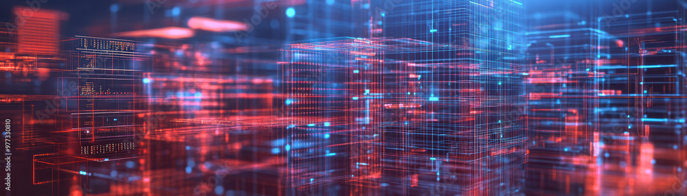 Poster abstract digital grid showcasing futuristic technology concept with glowing blue and red lines, repr