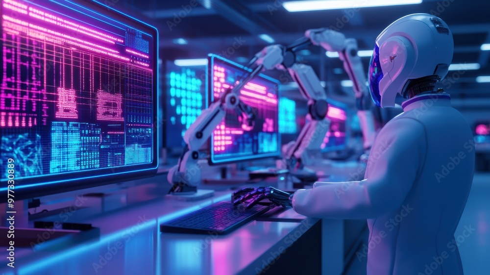Poster a futuristic lab showcasing advanced robotics and digital interface, highlighting innovation in tech