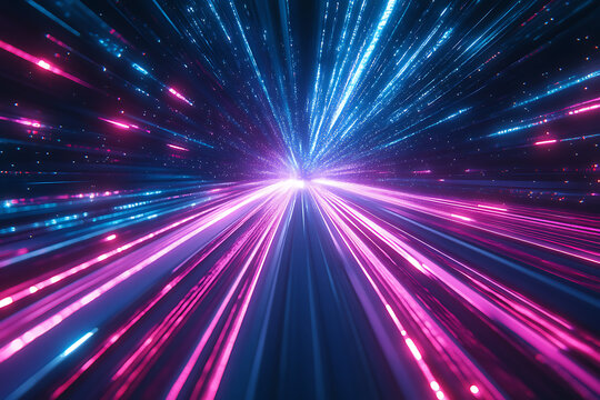 A vibrant, abstract representation of light beams traveling through a digital space.