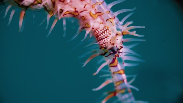 2 colorful ghost pipefish in tropical coral reef, close-up of eyes stomach underwater macro, Philippines, Asia
