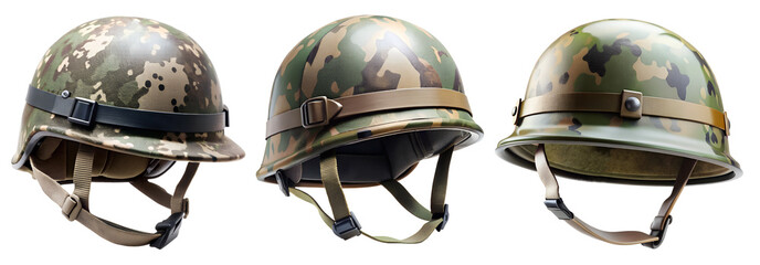 Set of military helmets isolated on transparent background. Concept of war and security.
