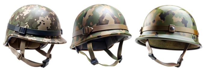 Set of military helmets isolated on transparent background. Concept of war and security.