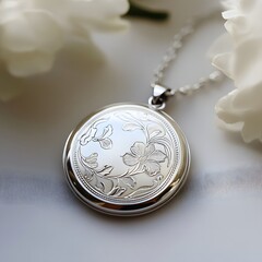 258. A delicate silver locket isolated on a soft white background