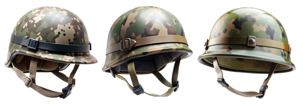 Set of military helmets isolated on transparent background. Concept of war and security.