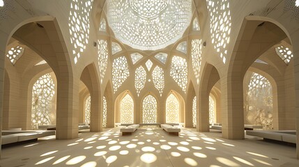 Hypermodern mosque with geometric patterns and light: A hypermodern mosque dazzles with intricate geometric patterns, illuminated by streams of natural light, merging tradition with cutting-edge 