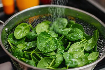 Obraz premium Fresh spinach leaves being washed in a colander, brain-boosting greens, healthy cooking preparation.