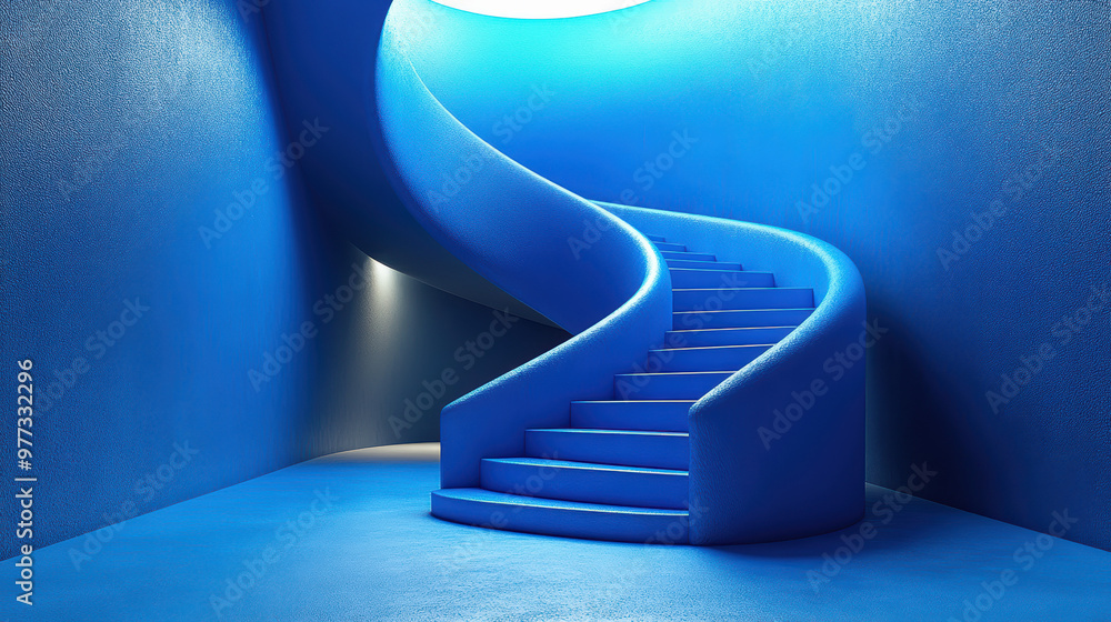 Poster a captivating blue spiral staircase with modern design, creating a sense of endless height and archi