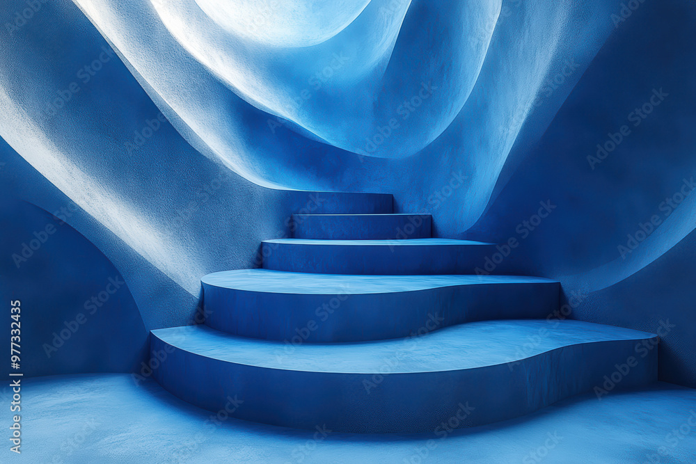 Poster abstract blue staircase in a wave-like structure showcasing modern architectural design with smooth 