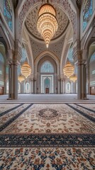 Fototapeta premium Interior View of Mosque with Geometric Patterns, Chandeliers, and Prayer Mats