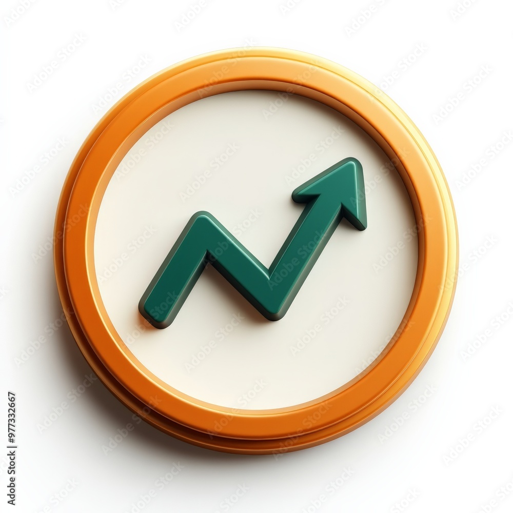 Poster green arrow up icon: a 3d rendering of a green arrow pointing upwards, encased in a circular orange 