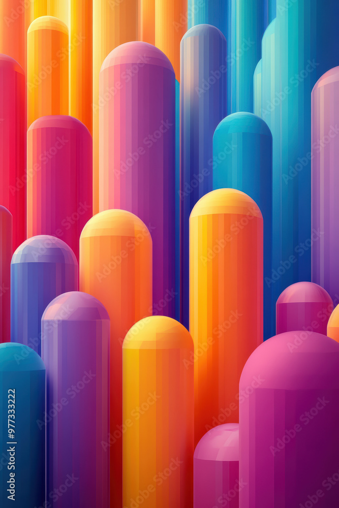 Poster colorful abstract cylinder shapes with gradient hues and smooth textures, creating a vibrant visual 