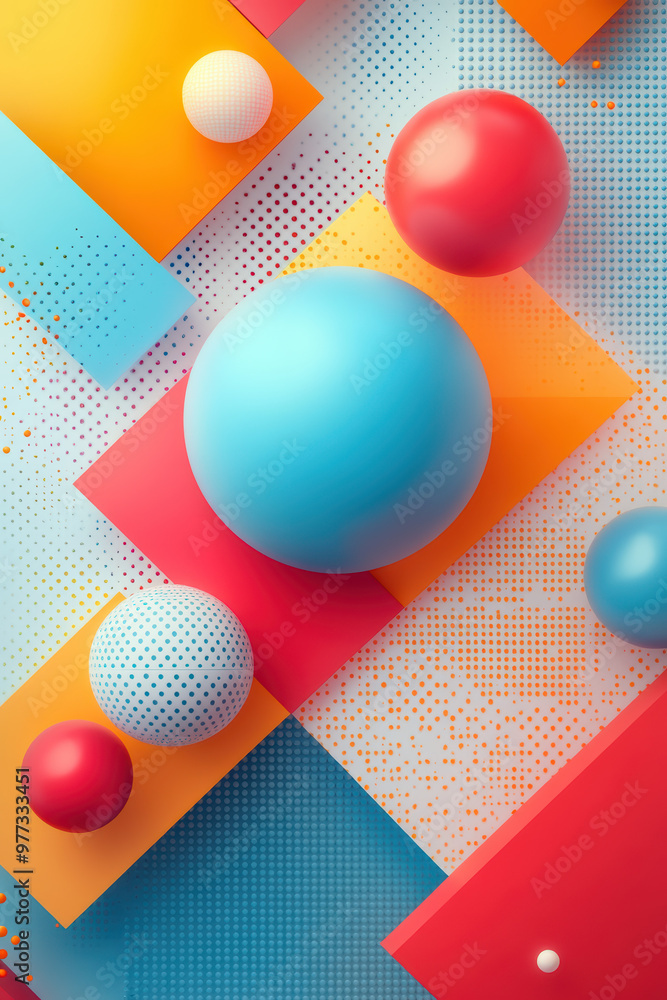 Poster vibrant abstract geometric background with colorful spheres and rectangles on a dotted pattern. dyna