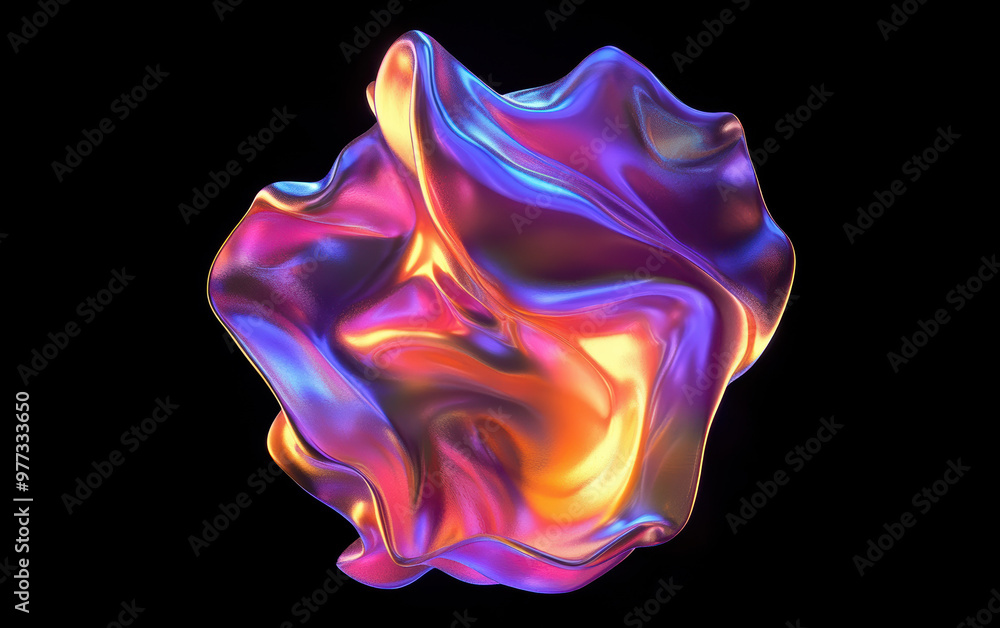 Poster vibrant abstract shape with iridescent colors on black background, showcasing fluid, dynamic forms a