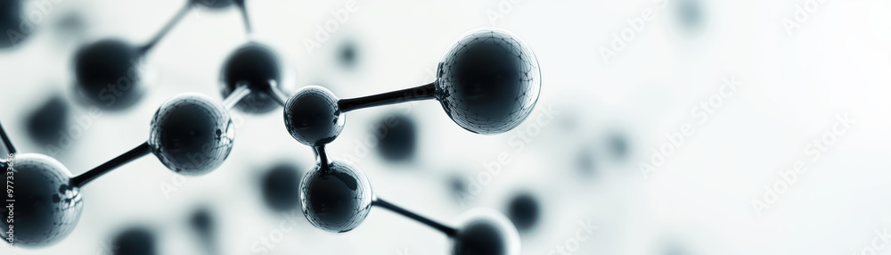 Poster abstract molecular structure with gray spheres and connecting lines representing scientific research