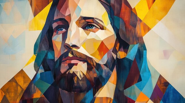 Jesus Christ in abstract art forms, where His figure is depicted through bold shapes and colors, offering a modern interpretation of His image.