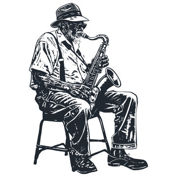 saxophonist playing saxophone, black and white clip art preview