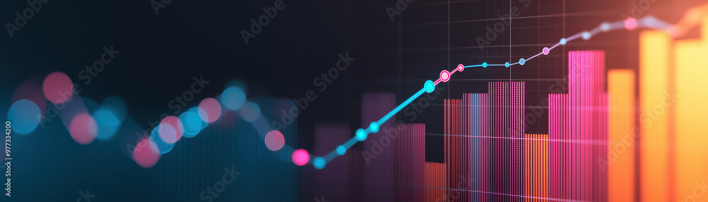 Poster colorful financial graph showing increasing bar charts and line graph trends over time. perfect for 