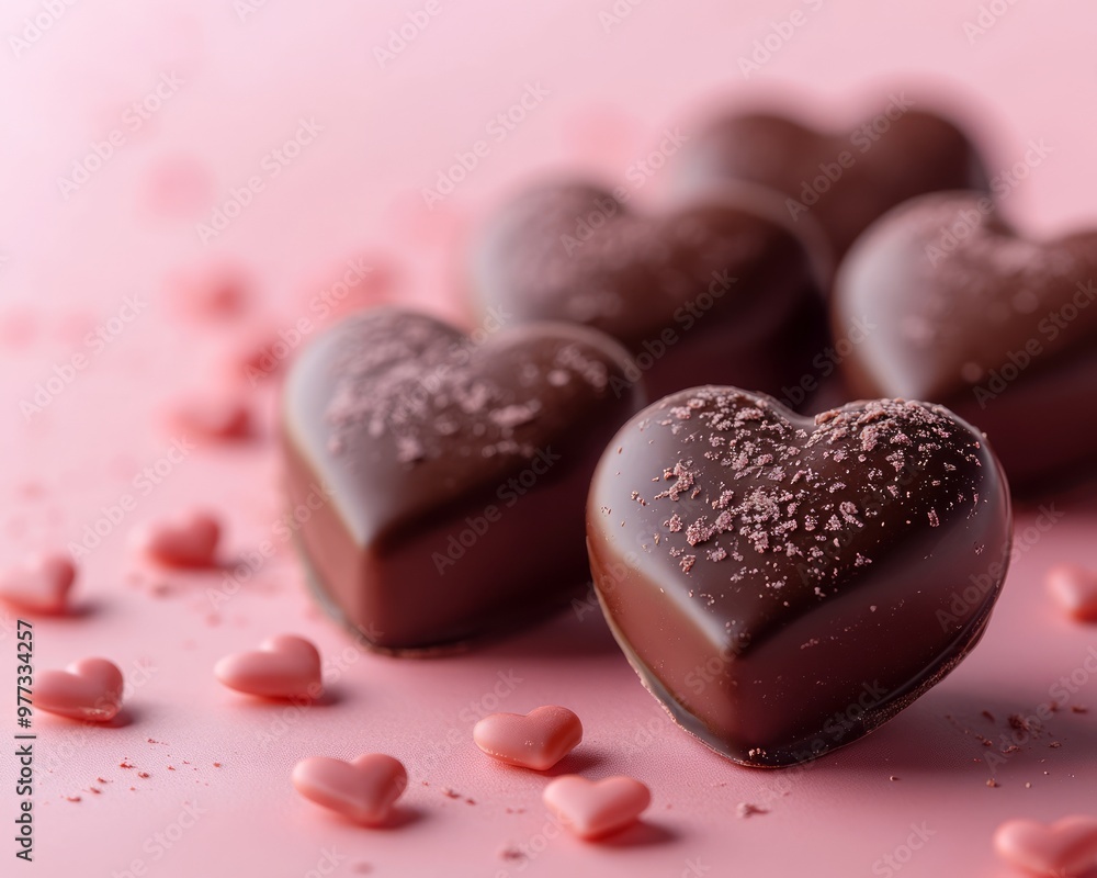 Sticker Delicious heart-shaped chocolates on a pink background.