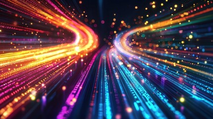 The image is a colorful, abstract representation of a light trail