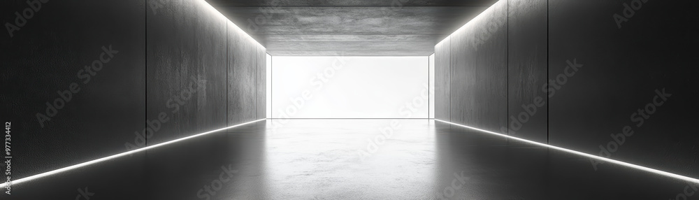 Poster futuristic dark empty room with glowing light lines and reflective floor, creating a modern and mini