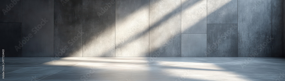 Poster modern empty concrete room with sunlight streaming through large windows, creating dynamic shadows a