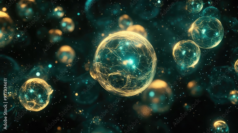 Poster a cluster of glowing 3d orbs in varying sizes, softly hovering in a dark void.