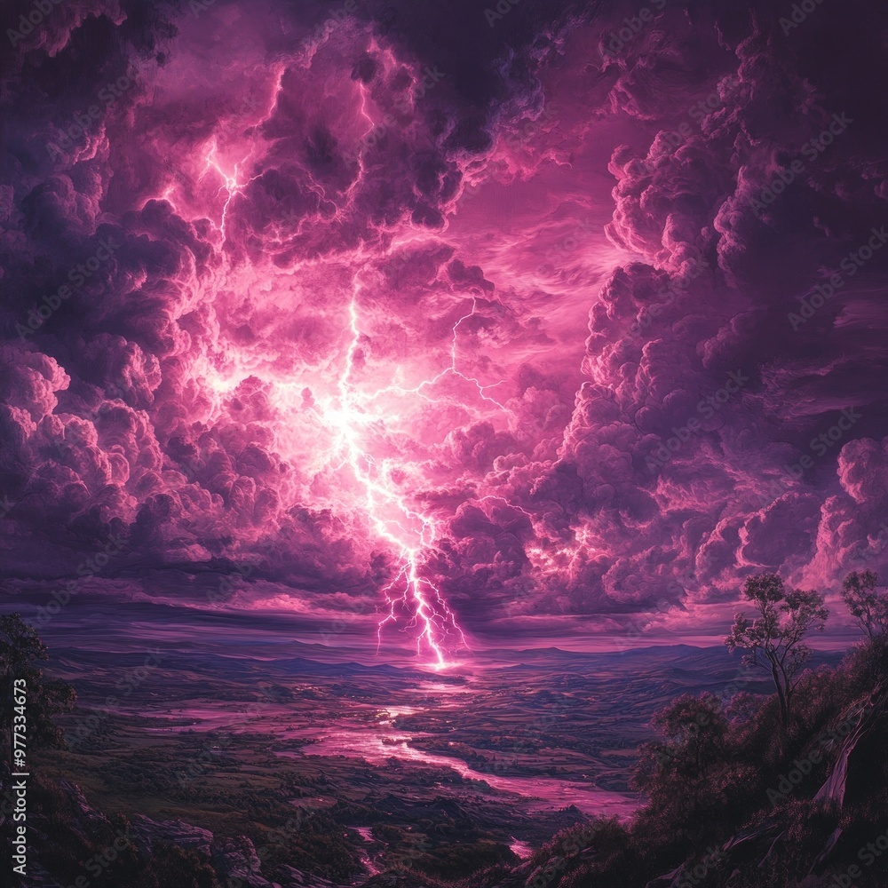 Sticker Dramatic landscape with purple clouds and lightning striking.