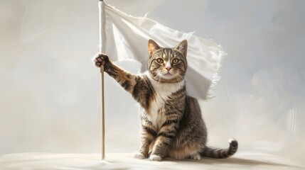 Cat with White Flag: A curious cat sitting with a white flag held delicately in its paw. 
