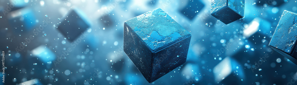 Poster floating blue cubes in a digital space with glowing lights and particles. abstract geometric shapes 