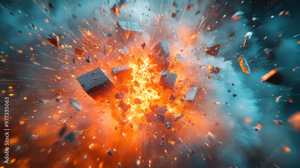 Poster a dynamic explosion with flying debris and intense flames, creating a stunning visual impact. perfec