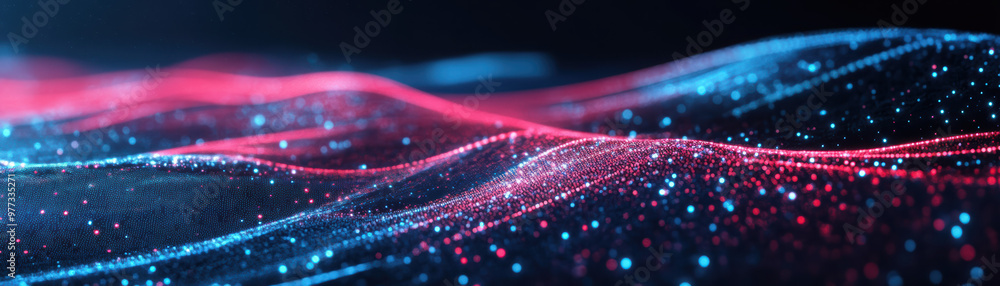 Poster abstract digital landscape with glowing neon lines and particles creating wave-like patterns in a fu