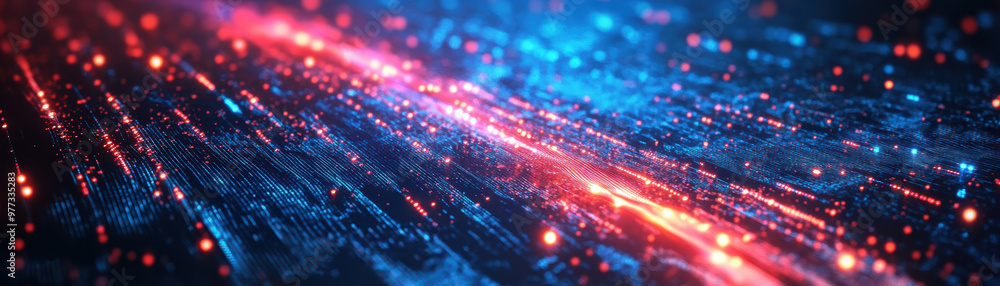 Poster abstract background featuring a dynamic clash of blue and red neon lights, creating a vibrant and fu