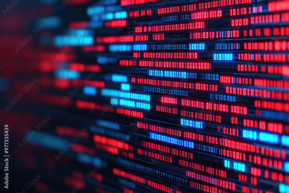 Poster close-up of red and blue binary code on a digital screen, depicting data processing and cybersecurit