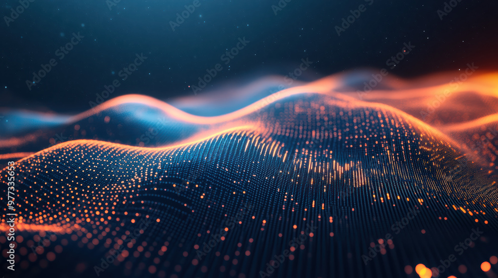 Poster digital landscape of abstract waves with glowing dots representing data flow and connectivity, perfe