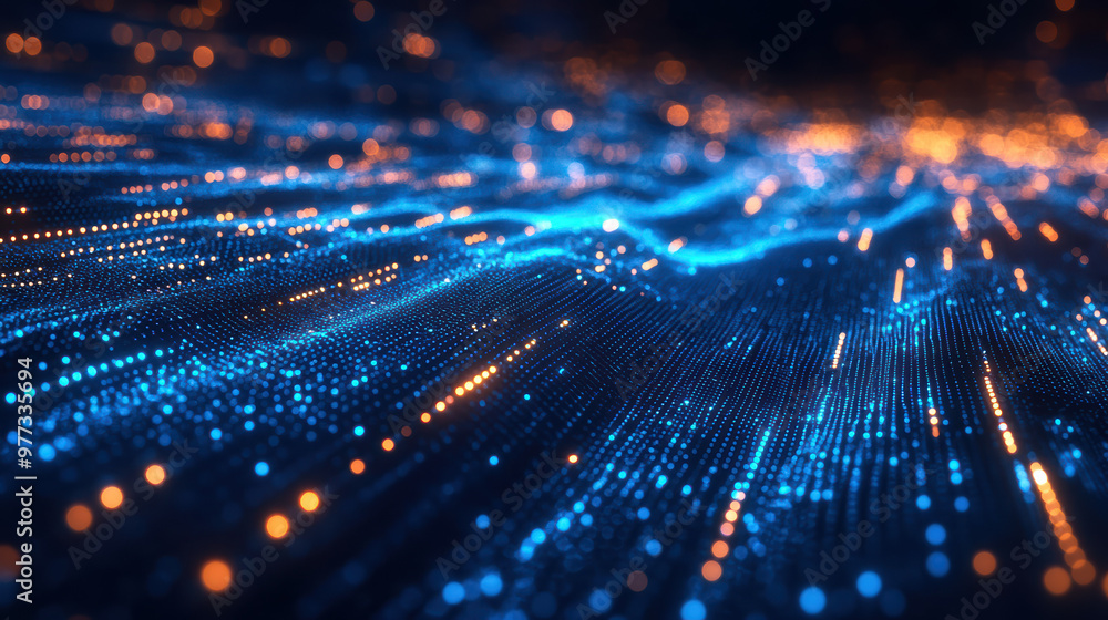 Poster mesmerizing abstract visualization of glowing blue and orange light particles forming intricate wave