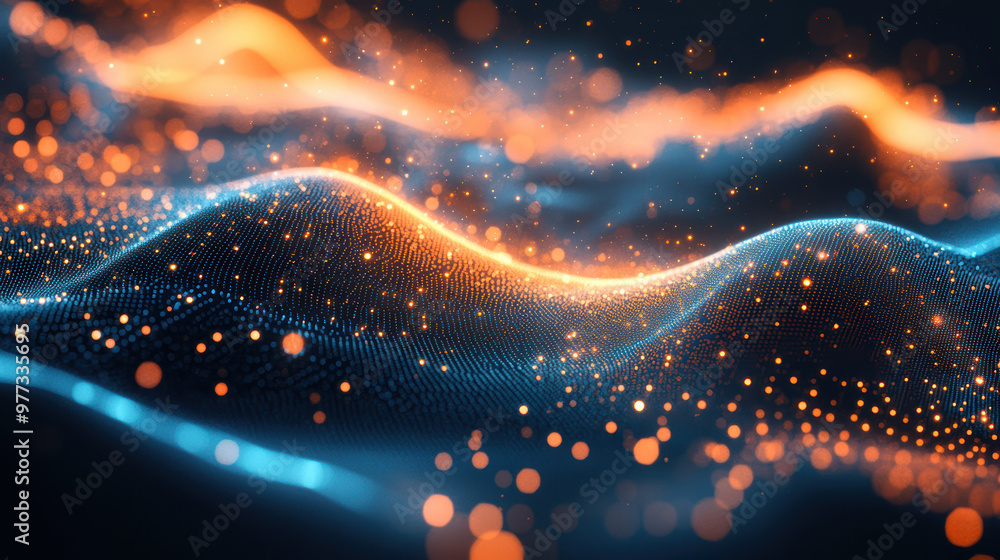 Poster Abstract digital waves of light particles in motion, visualizing futuristic data transfer and technology concepts with glowing orange and blue hues.