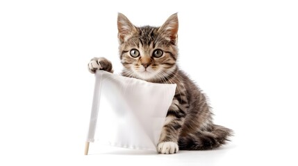 Cat with White Flag: A curious cat sitting with a white flag held delicately in its paw. 
