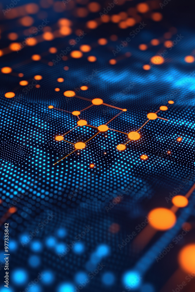 Poster abstract high-tech digital circuit board background with glowing orange nodes and blue grid patterns