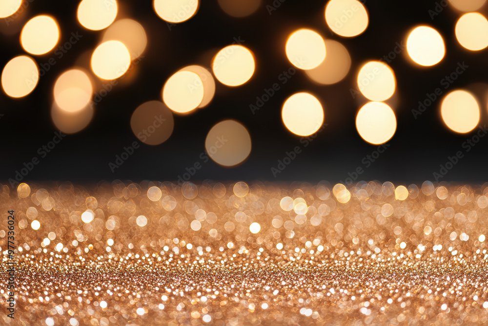 Poster elegant background with golden glittering surface and blurred bokeh lights, creating a festive and l