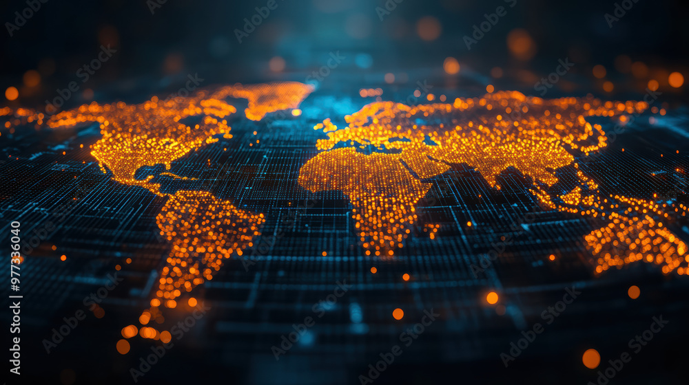 Poster digital world map dark theme with glowing orange data connections illustrating global network concep