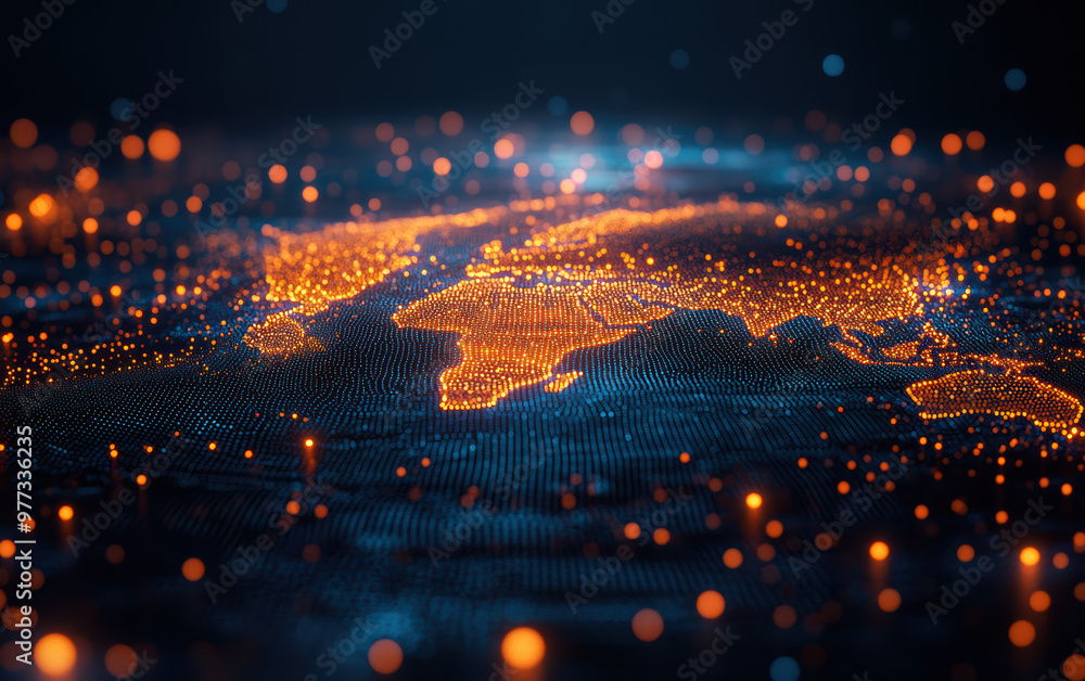 Poster digital glowing map with orange light in dark background, representing global network, data visualiz