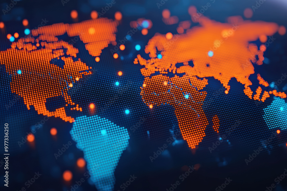 Poster a digital world map with highlighted regions, displaying interconnected networks and global data poi